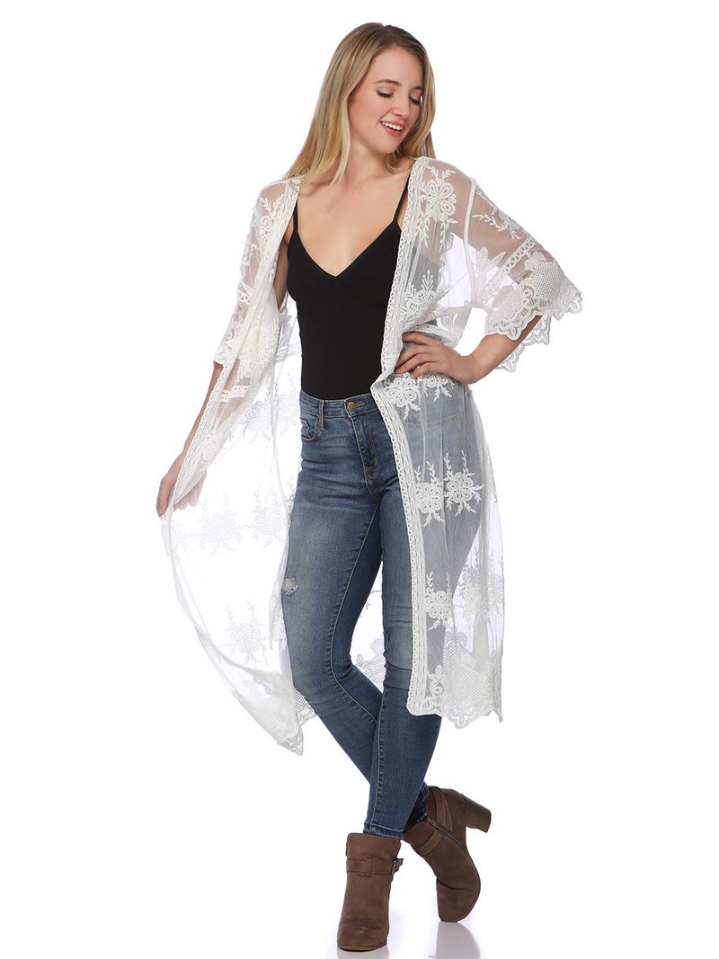Anna-Kaci Womens Half Sleeve Lace Flower Embroidered Cover up Kimono Cardigan, Ivory, One Size - Image 1